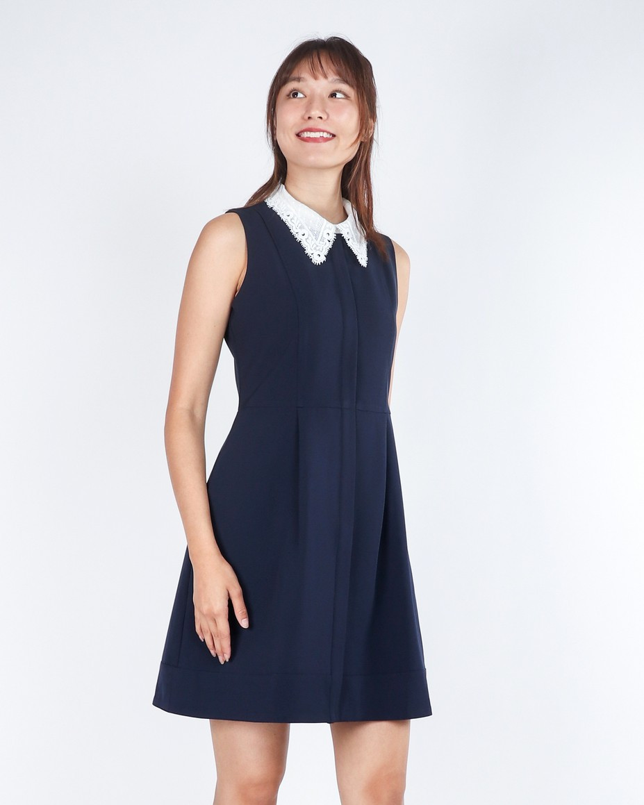 Keira Detachable Lace Collar Dress - Navy | Singapore Ladies Work Wear