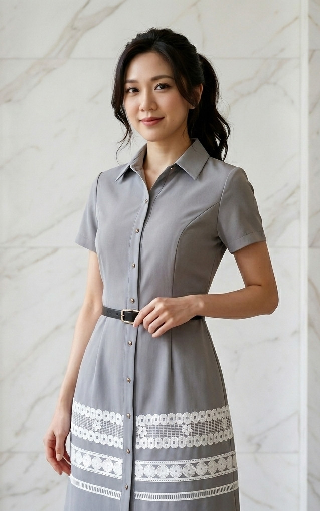 Lace Hem Shirt Dress - Grey