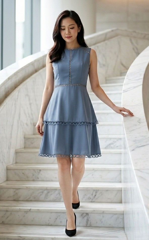 Eyelet Trim Tiered Dress - Ash Blue