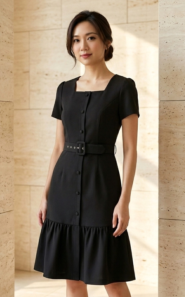 Square Neck Work Dress - Black