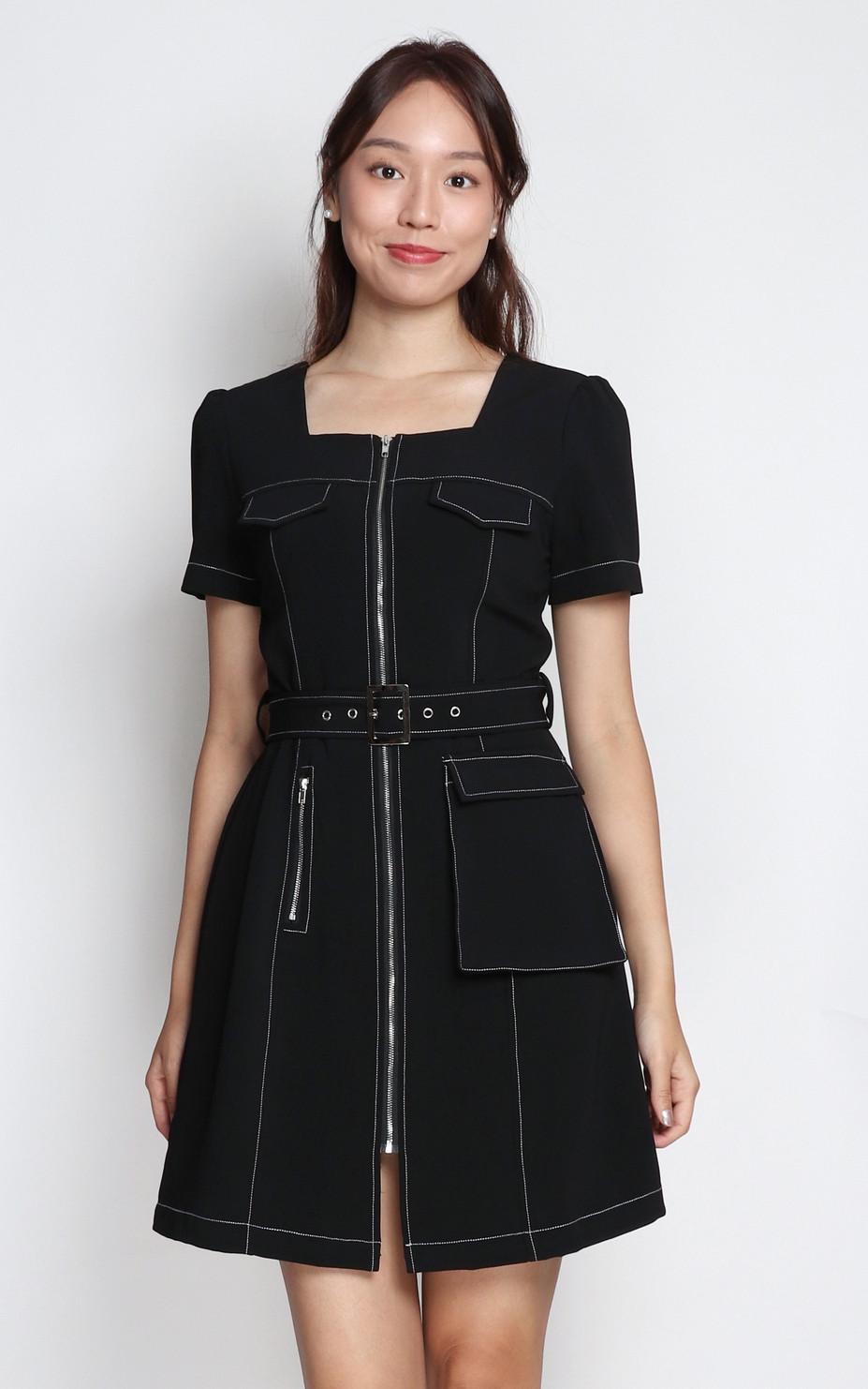 Pockets Zipper Dress - Black