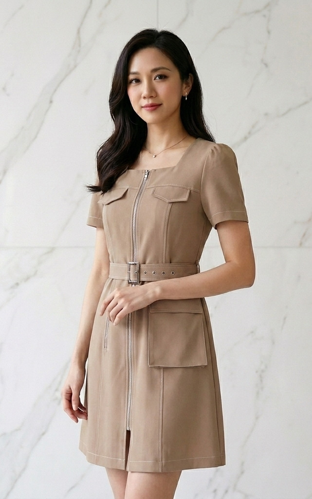 Pockets Zipper Dress - Camel