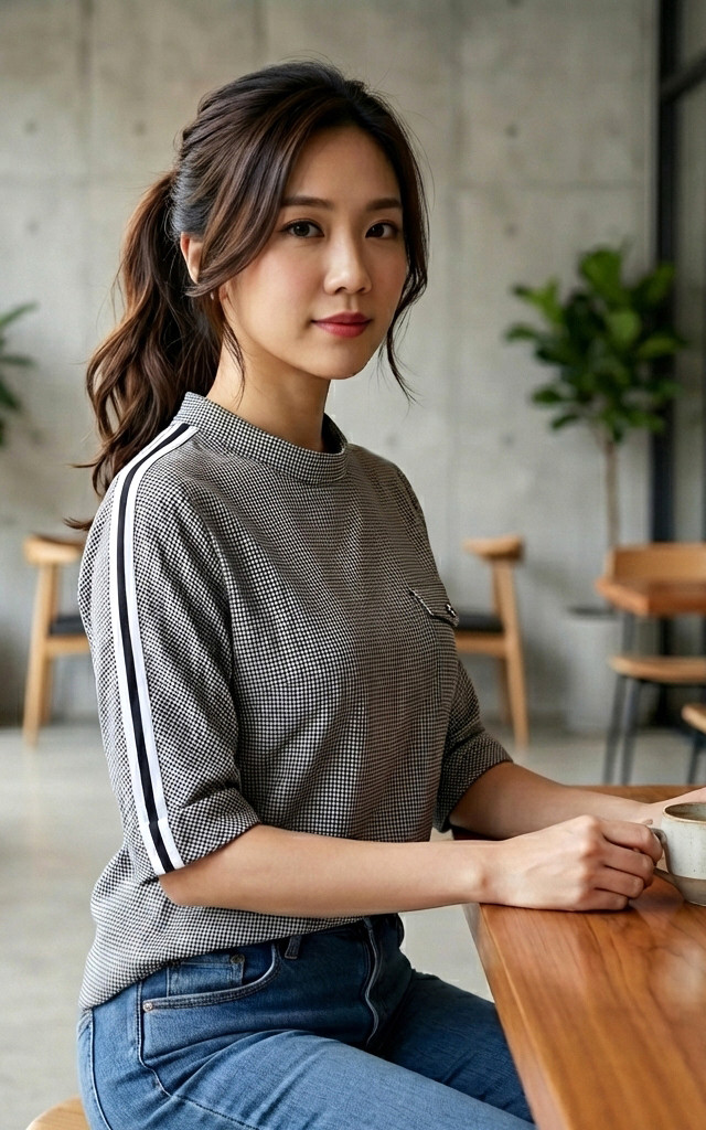 Houndstooth Mock Neck Top - Black