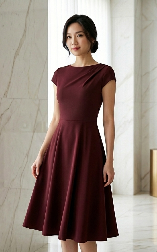 Asymmetrical Boatneck Dress - Rosewood