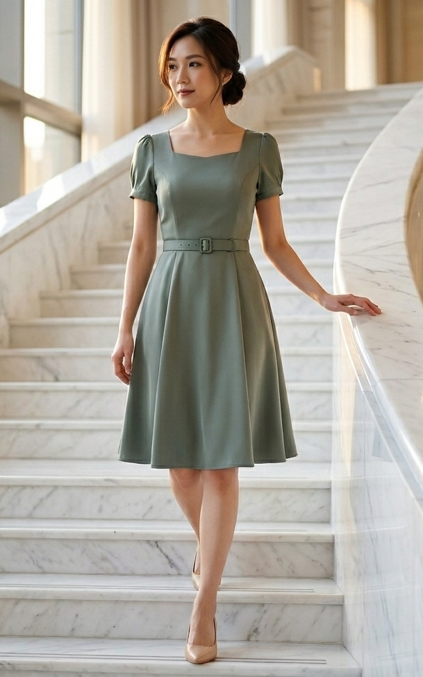 Sweetheart Neckline Dress - Sage