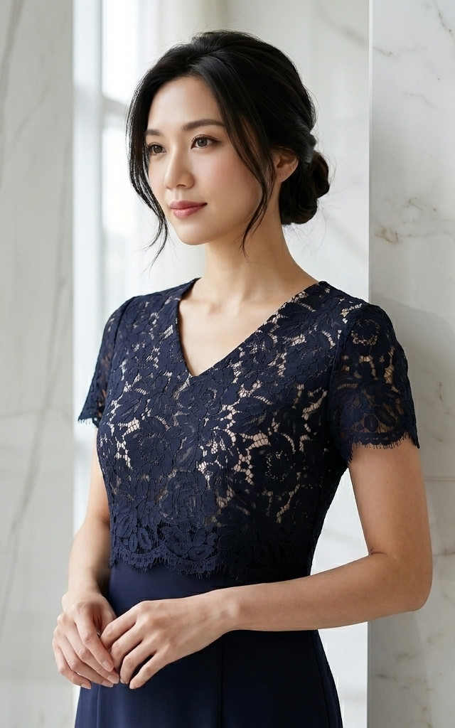 Lace Top Mermaid Hem Dress - Navy