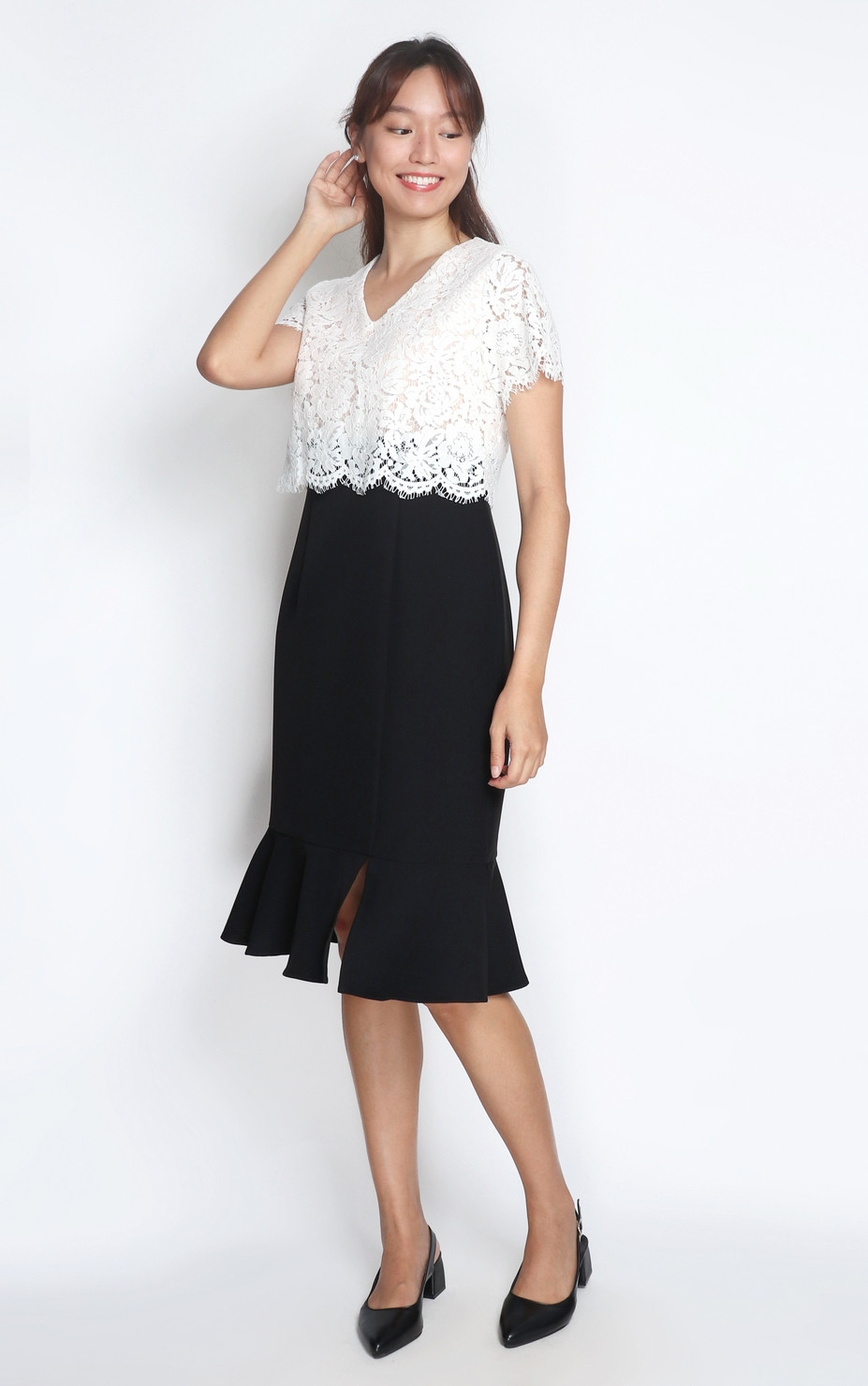 Lace Top Mermaid Hem Dress - White