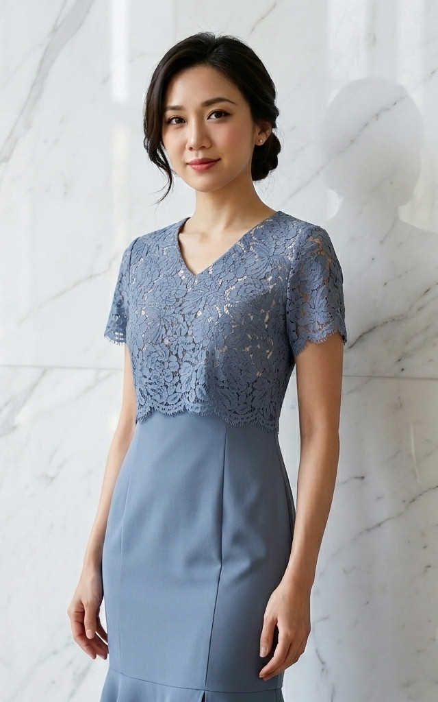 Lace Top Mermaid Hem Dress - Dusty Blue
