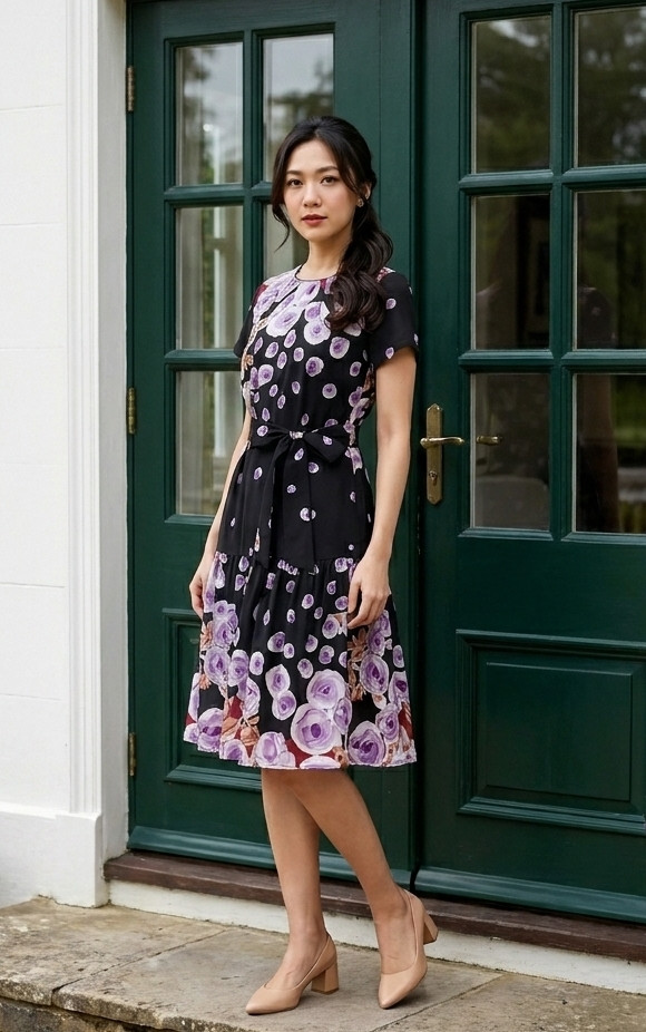 Rose Print Dress - Purple