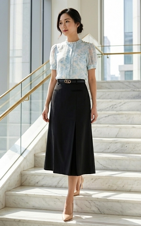 Inverted Pleats Midi Skirt - Black