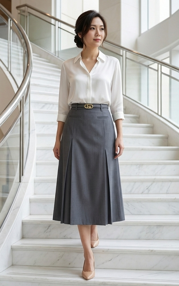 Inverted Pleats Midi Skirt - Grey