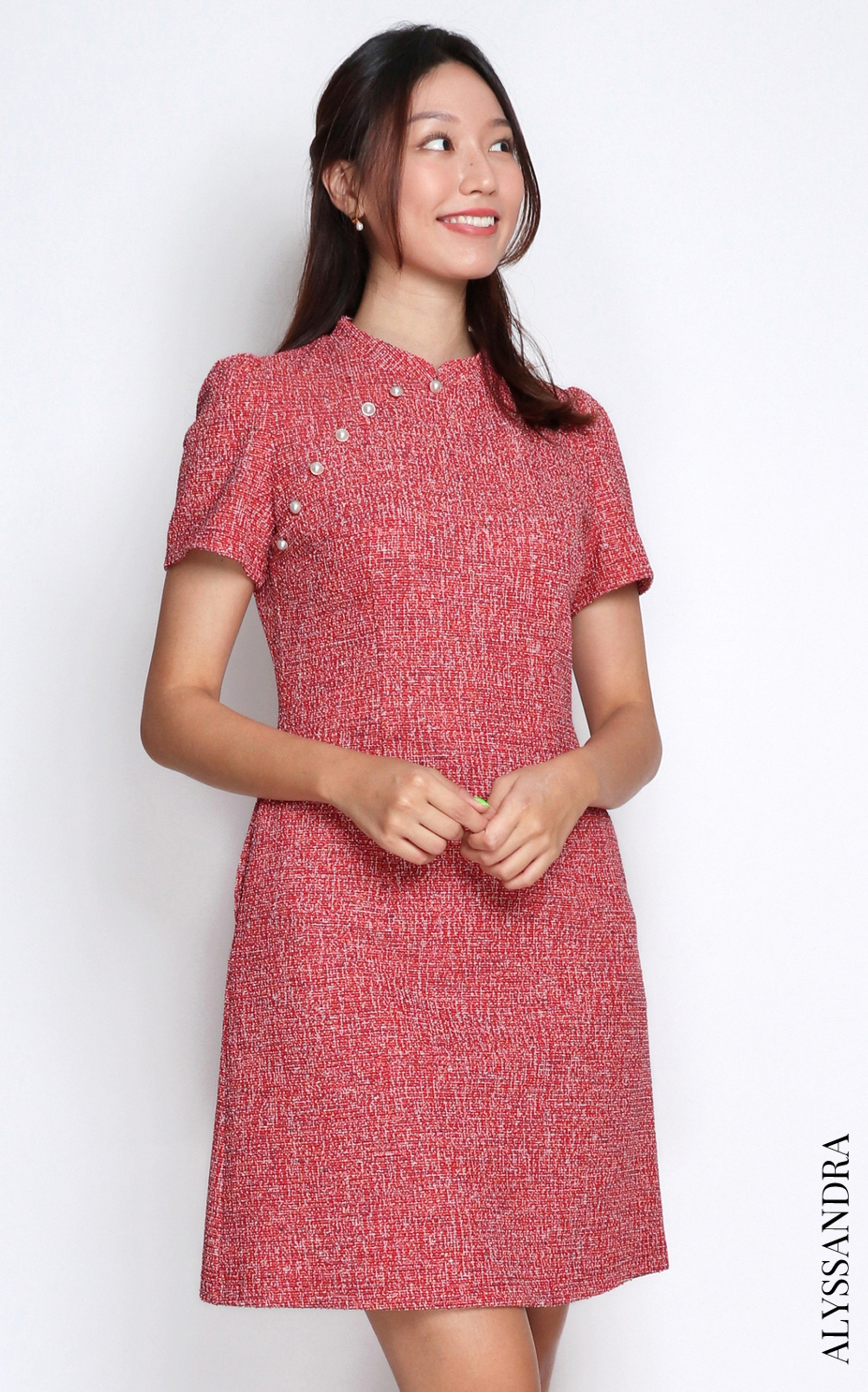 Tweed Cheongsam - Red | Modern Cheongsam Singapore | ALYSSANDRA