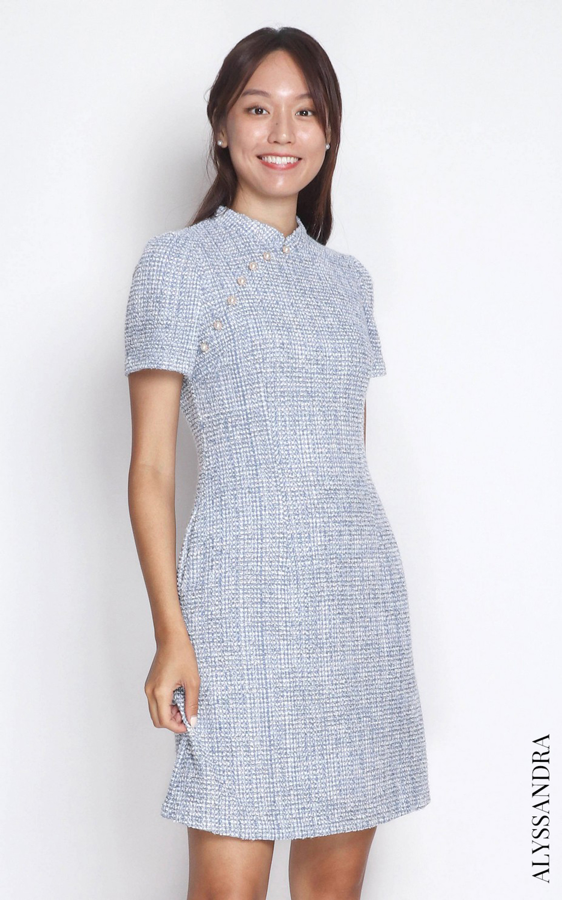 Yuya Tweed Cheongsam - Light Blue | Modern Cheongsam Singapore | ALYSSANDRA