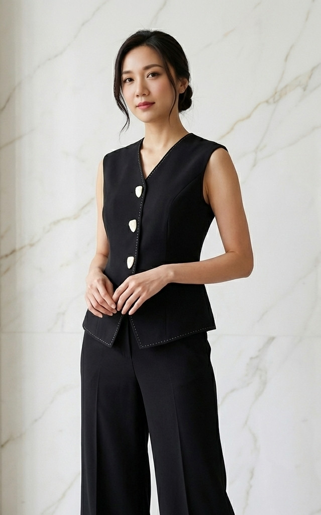 Contrast Stitch Tailored Vest - Black