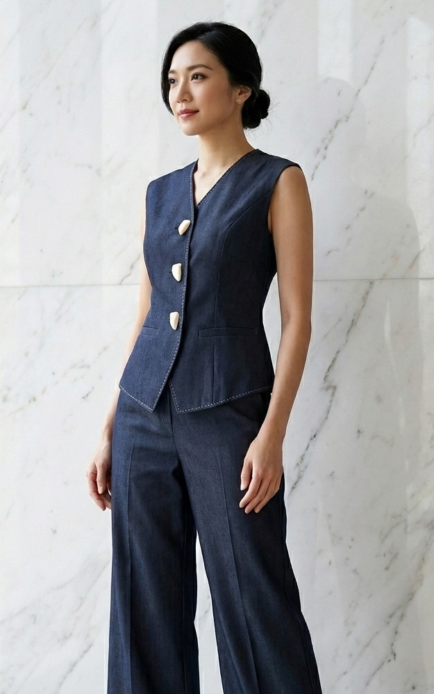 Contrast Stitch Tailored Vest - Denim