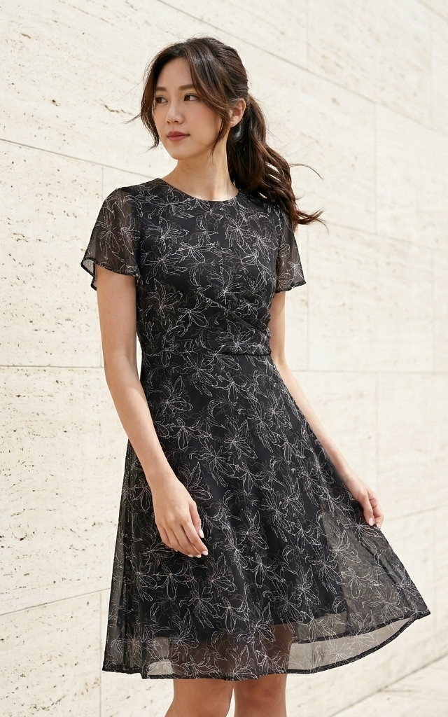 Wrap Waist Chiffon Dress - Black