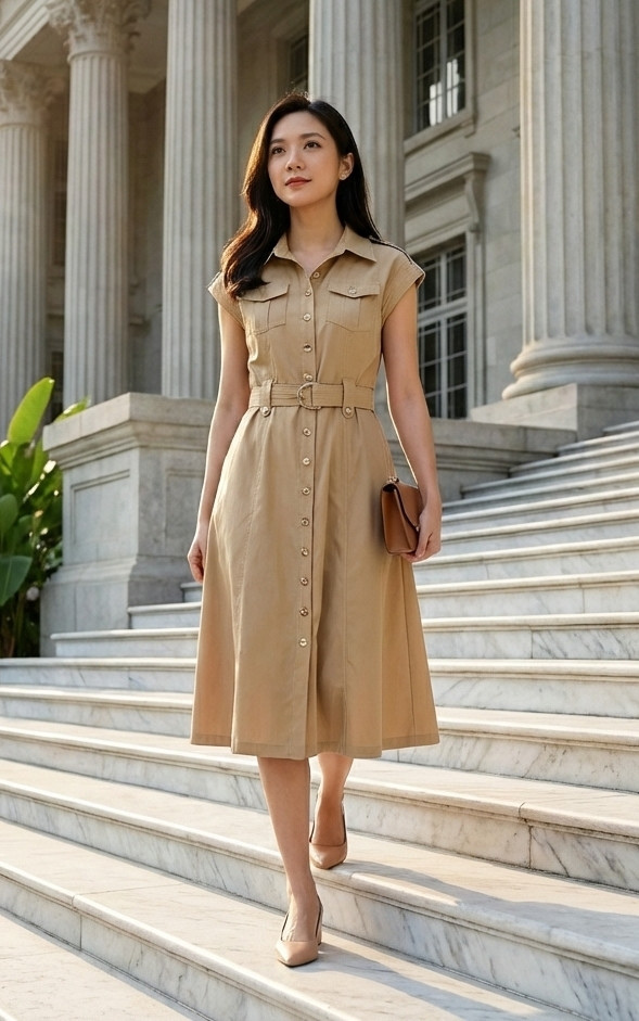 Gold Buttons Shirt Dress - Sand