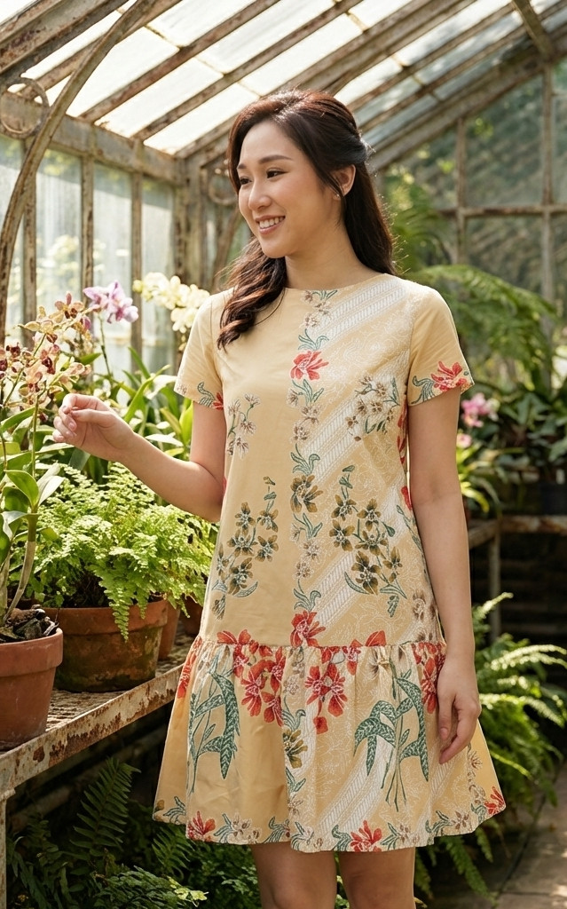 Batik Ruffle Hem Dress - Cream