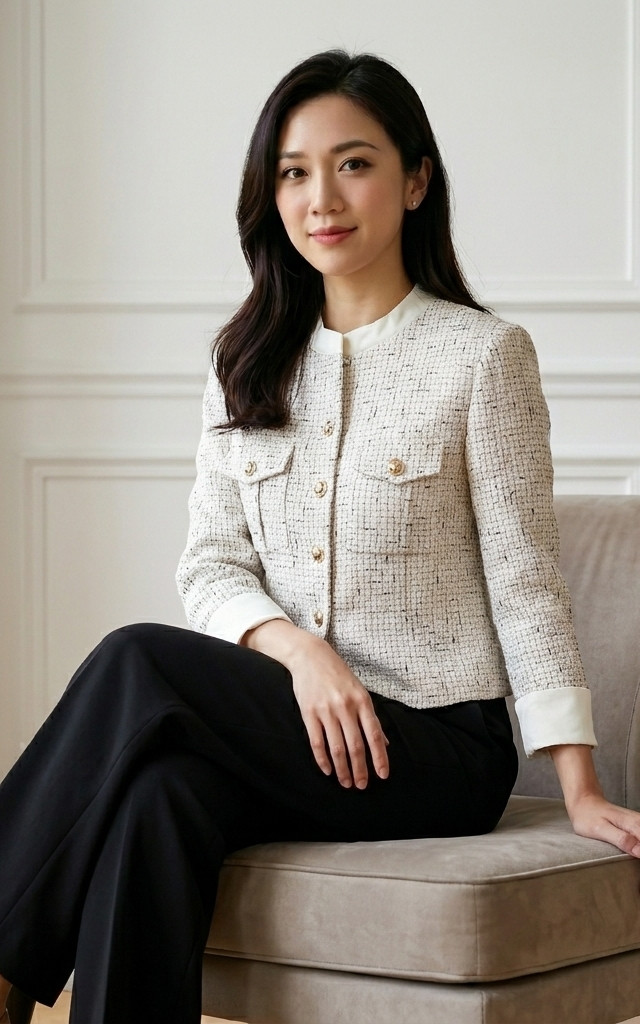 Mandarin Collar Tweed Jacket - Cream