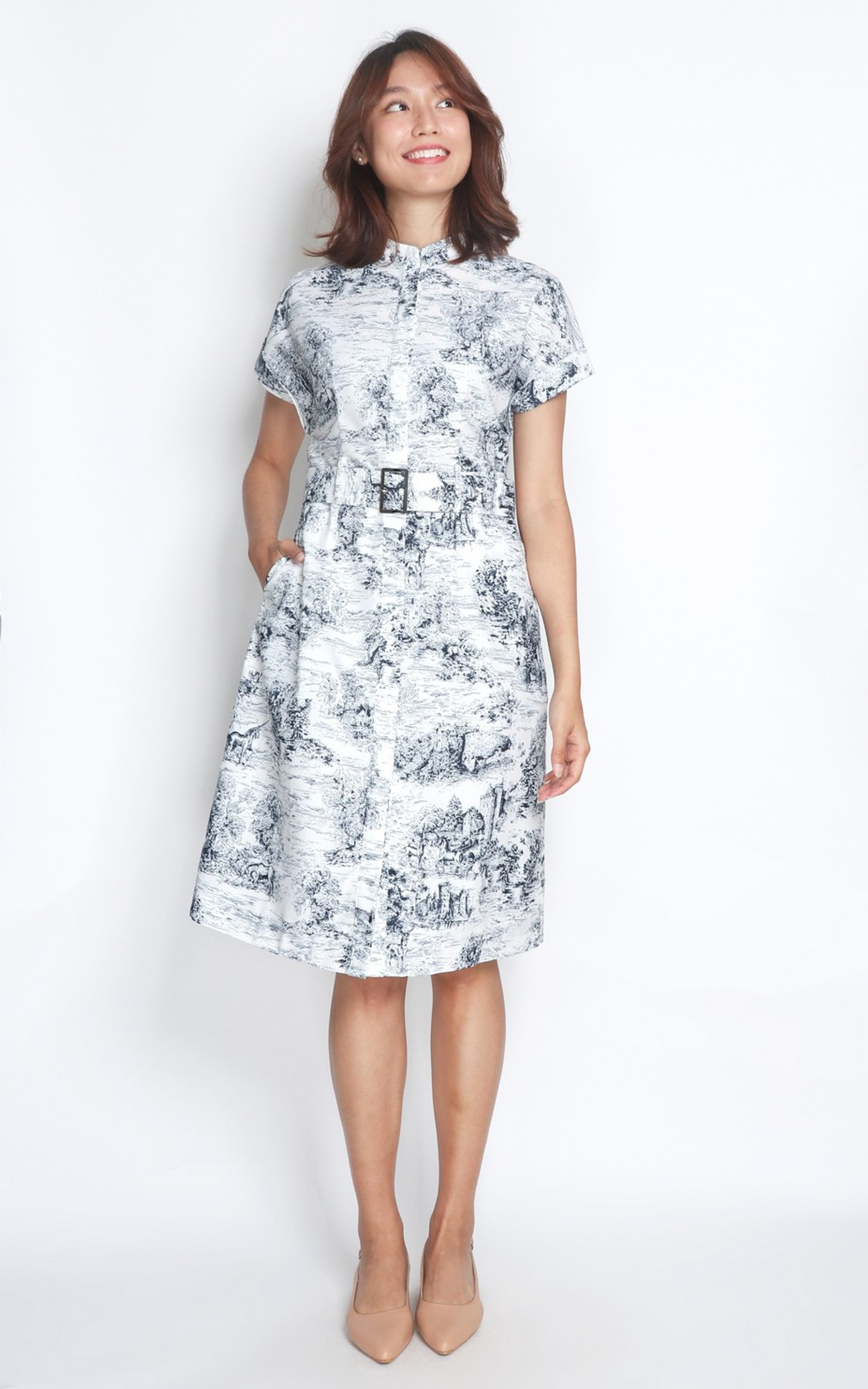 Toile Print Shirt Dress - White