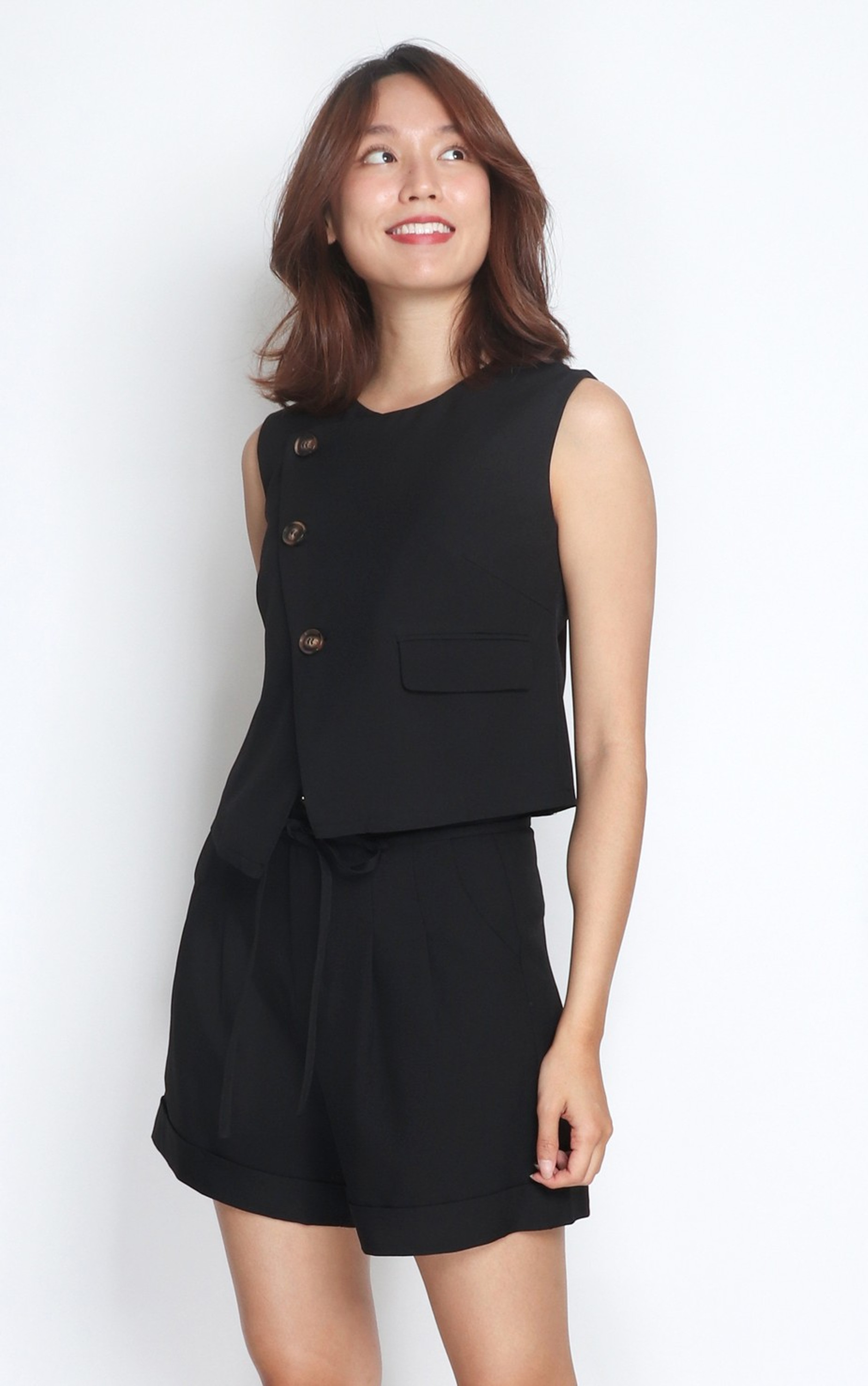 Asymmetrical Overlap Vest Top - Black