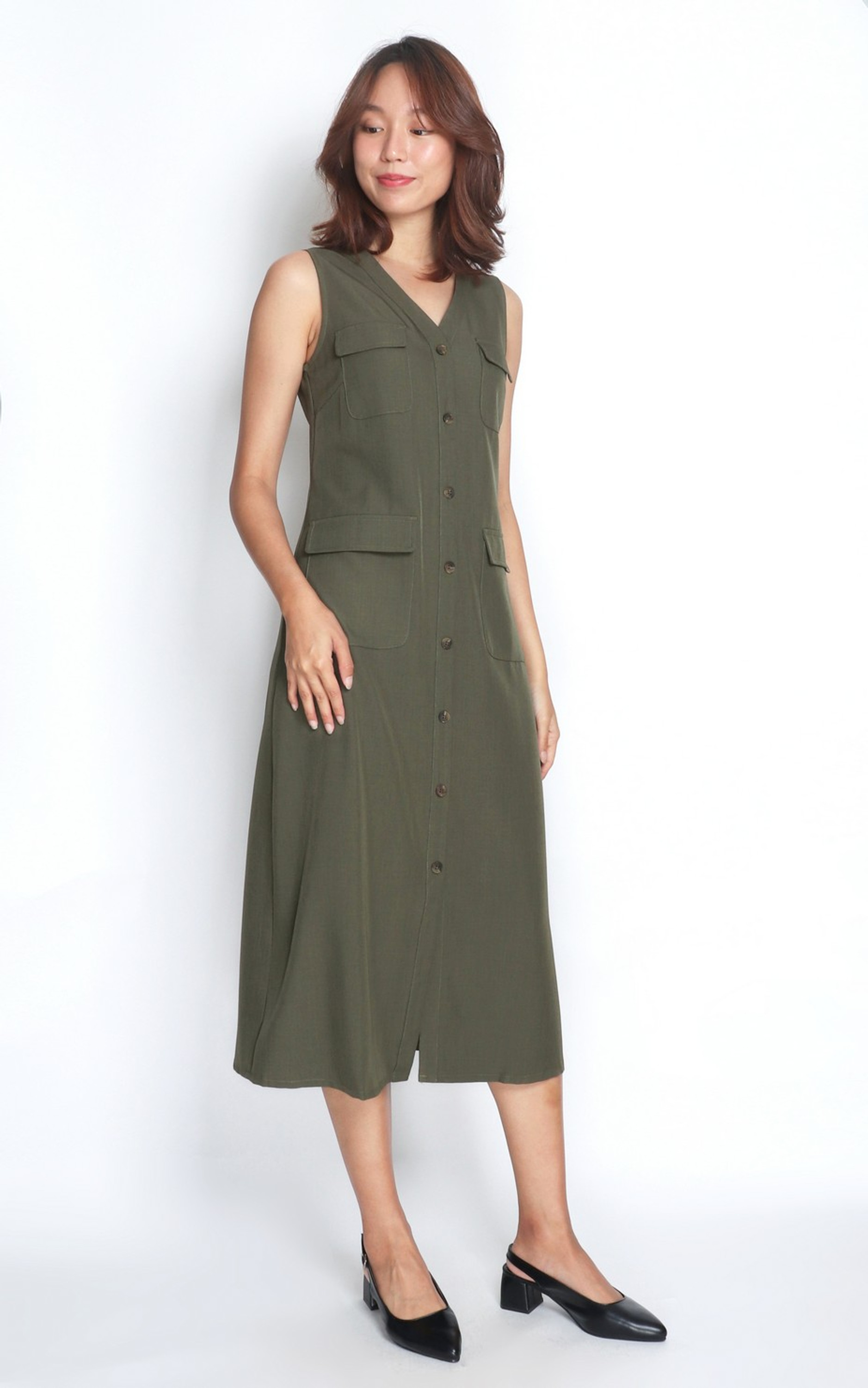Utility-Inspired Sleeveless Midi Dress - Olive
