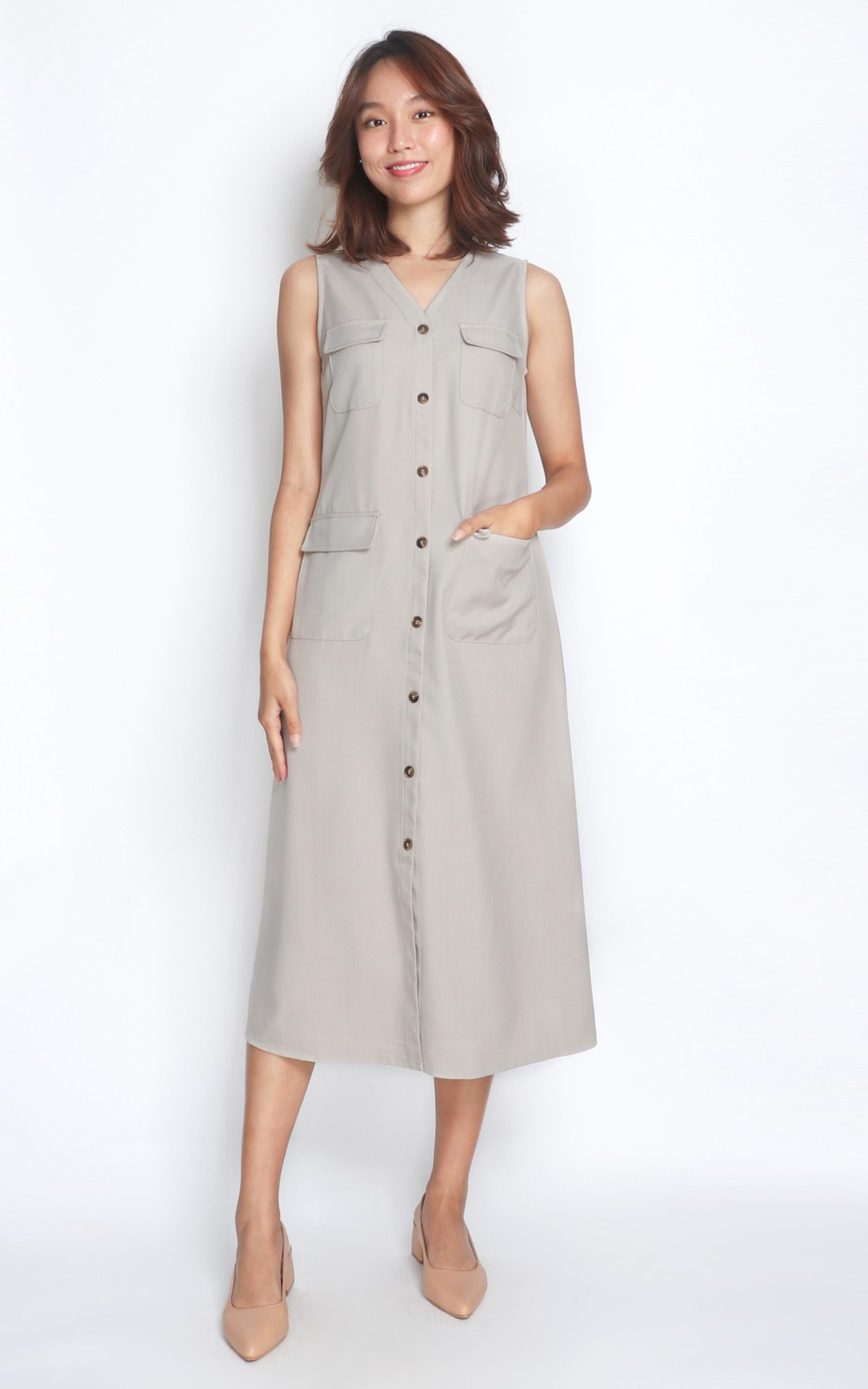 Utility-Inspired Sleeveless Midi Dress - Stone