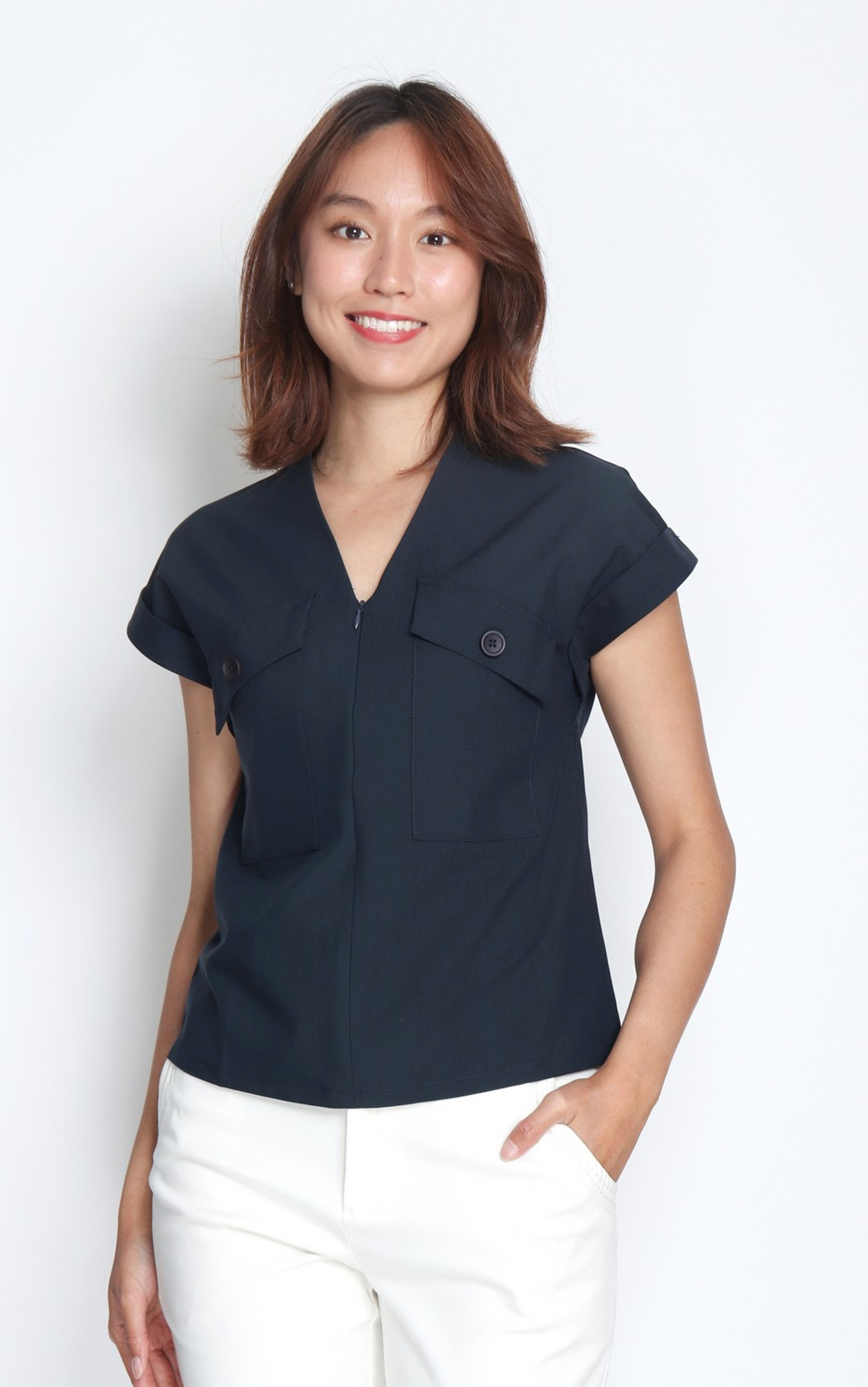 V-Neck Zipper Top - Navy V-Neck Zipper Top - Navy