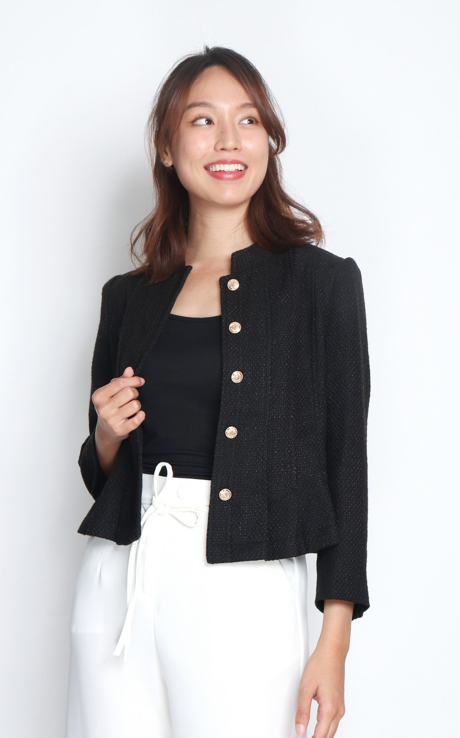 Mandarin Collar Tweed Jacket - Black