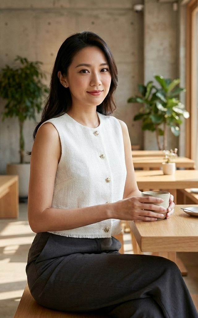 Cropped Tweed Vest Top - White