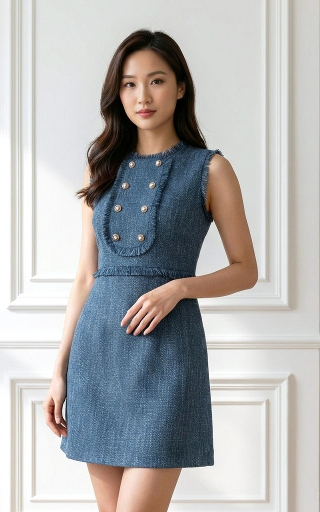 Buttons Tweed Dress - Blue