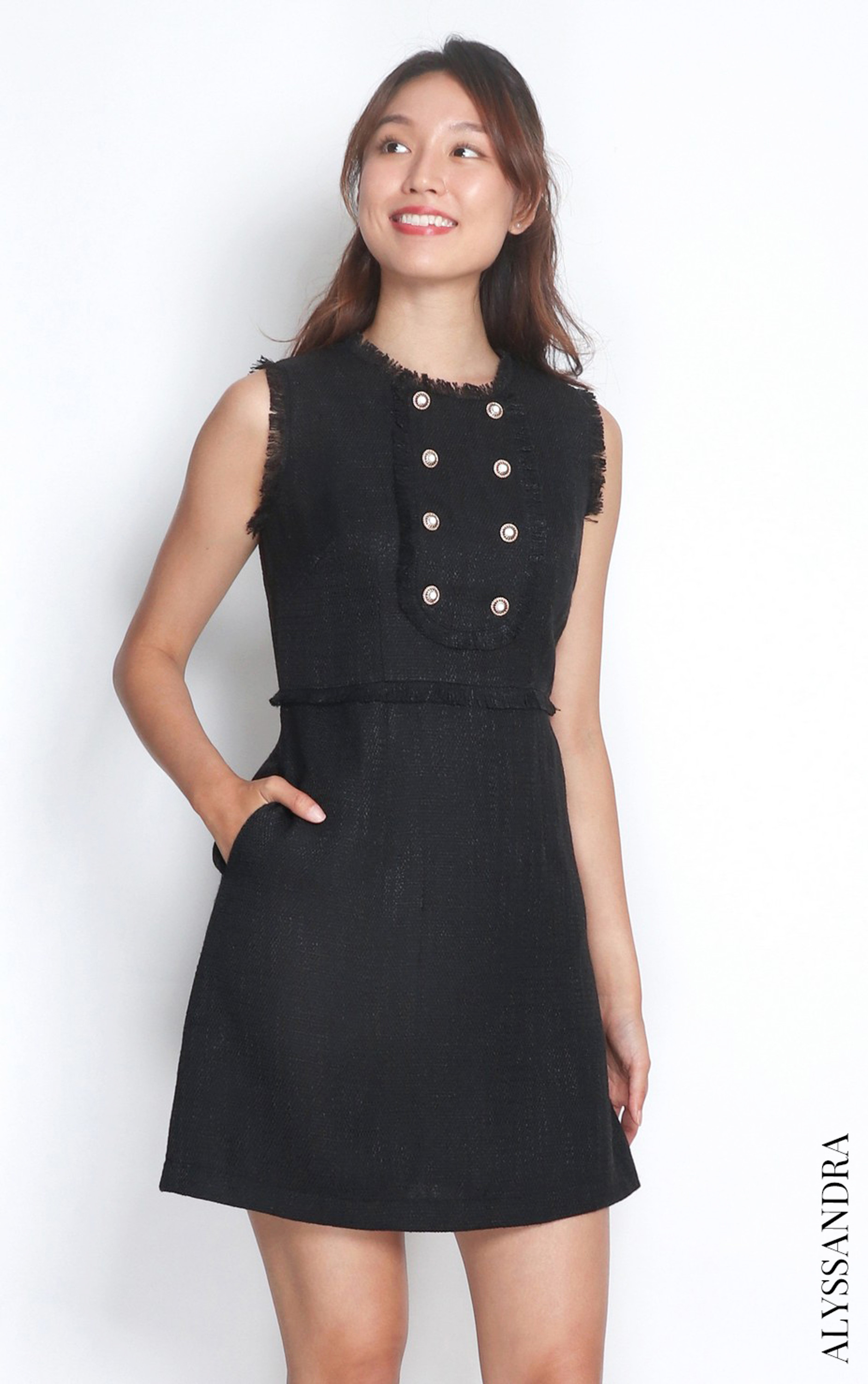 Buttons Tweed Dress - Black