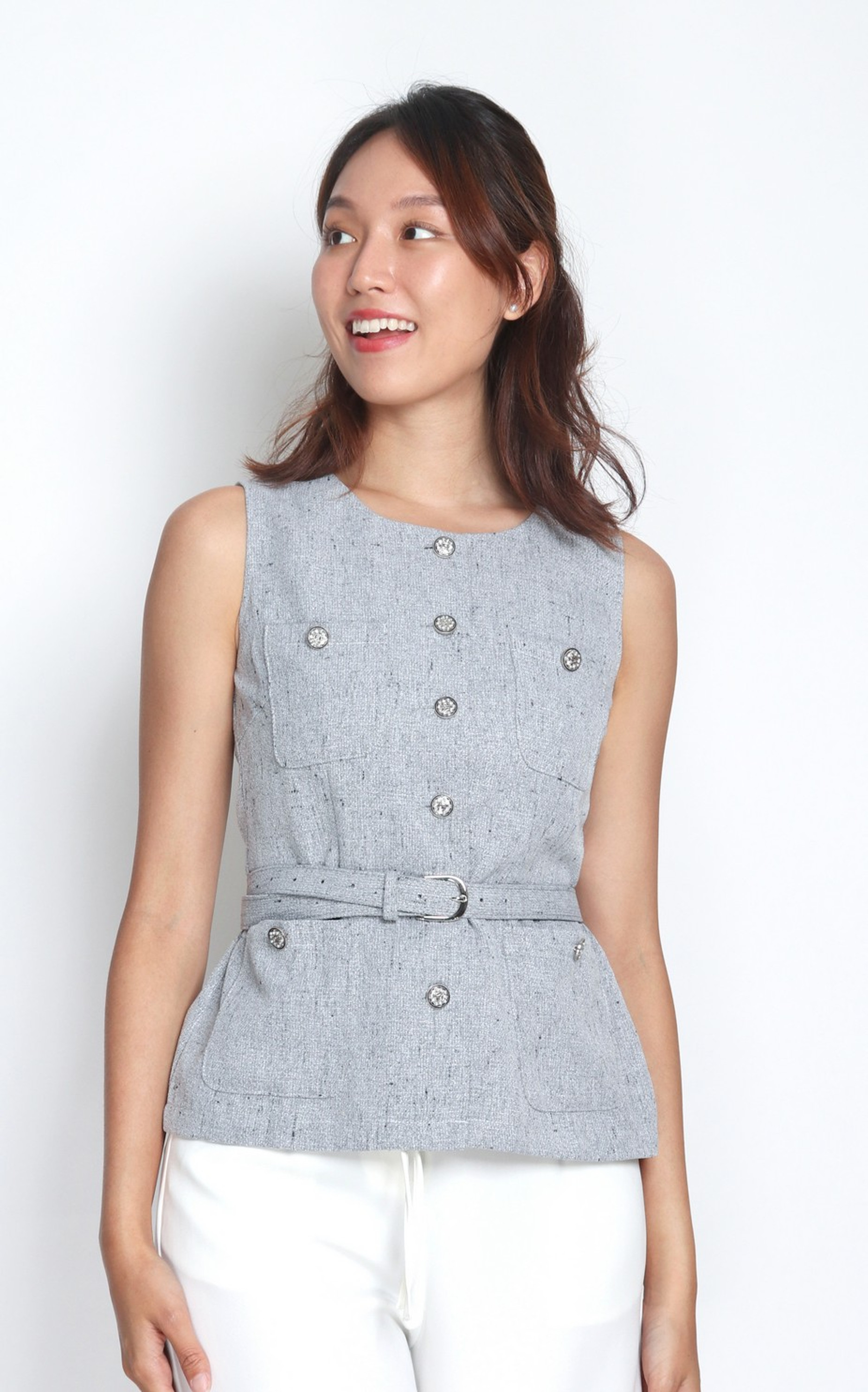 Belted Tweed Top - Grey Belted Tweed Top - Grey