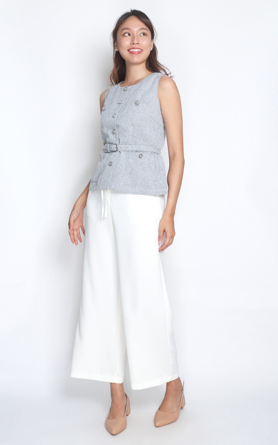 Belted Tweed Top - Grey