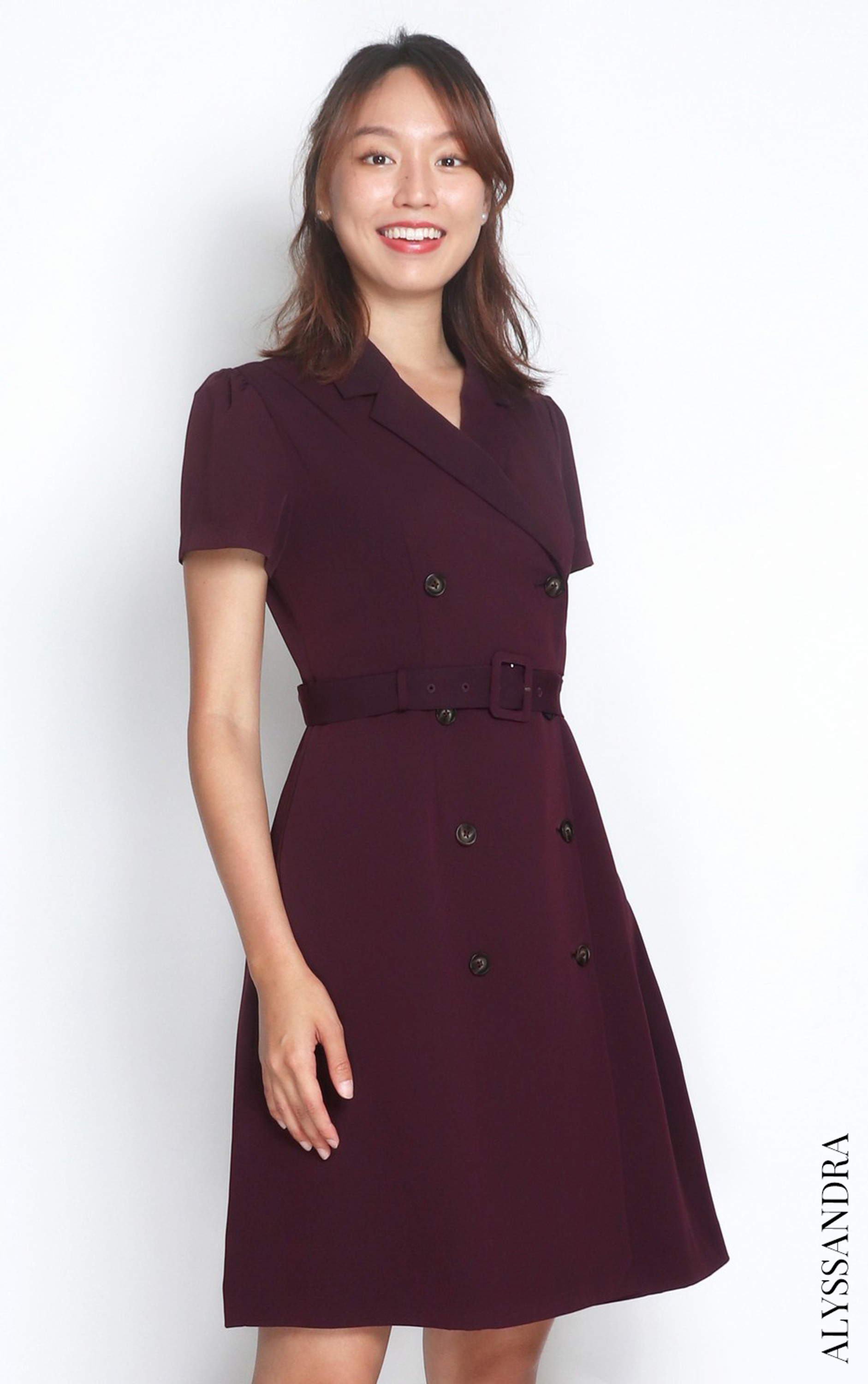 Sleeved Tuxedo Dress - Wine
