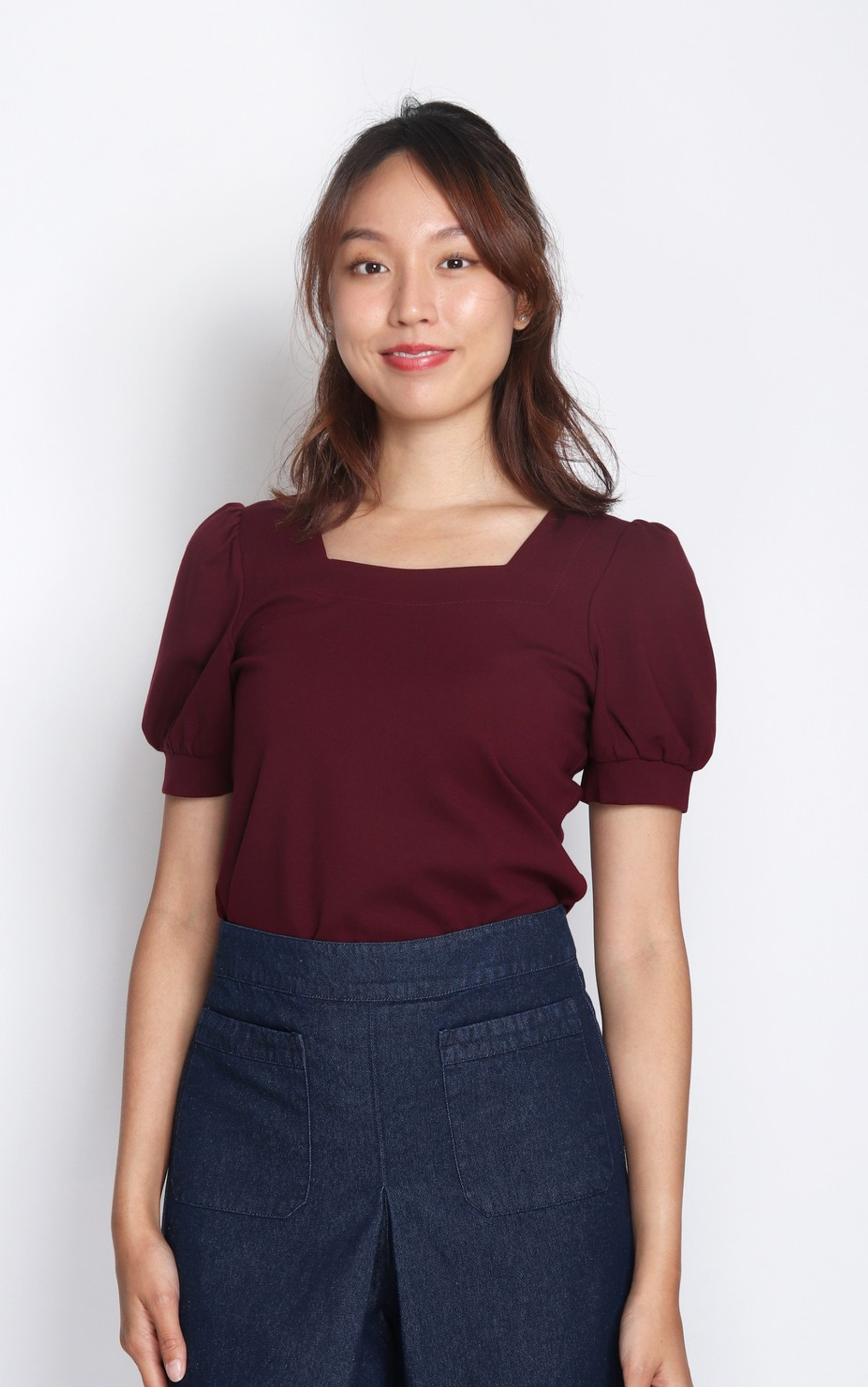Square Neck Puff Sleeves Top - Burgundy