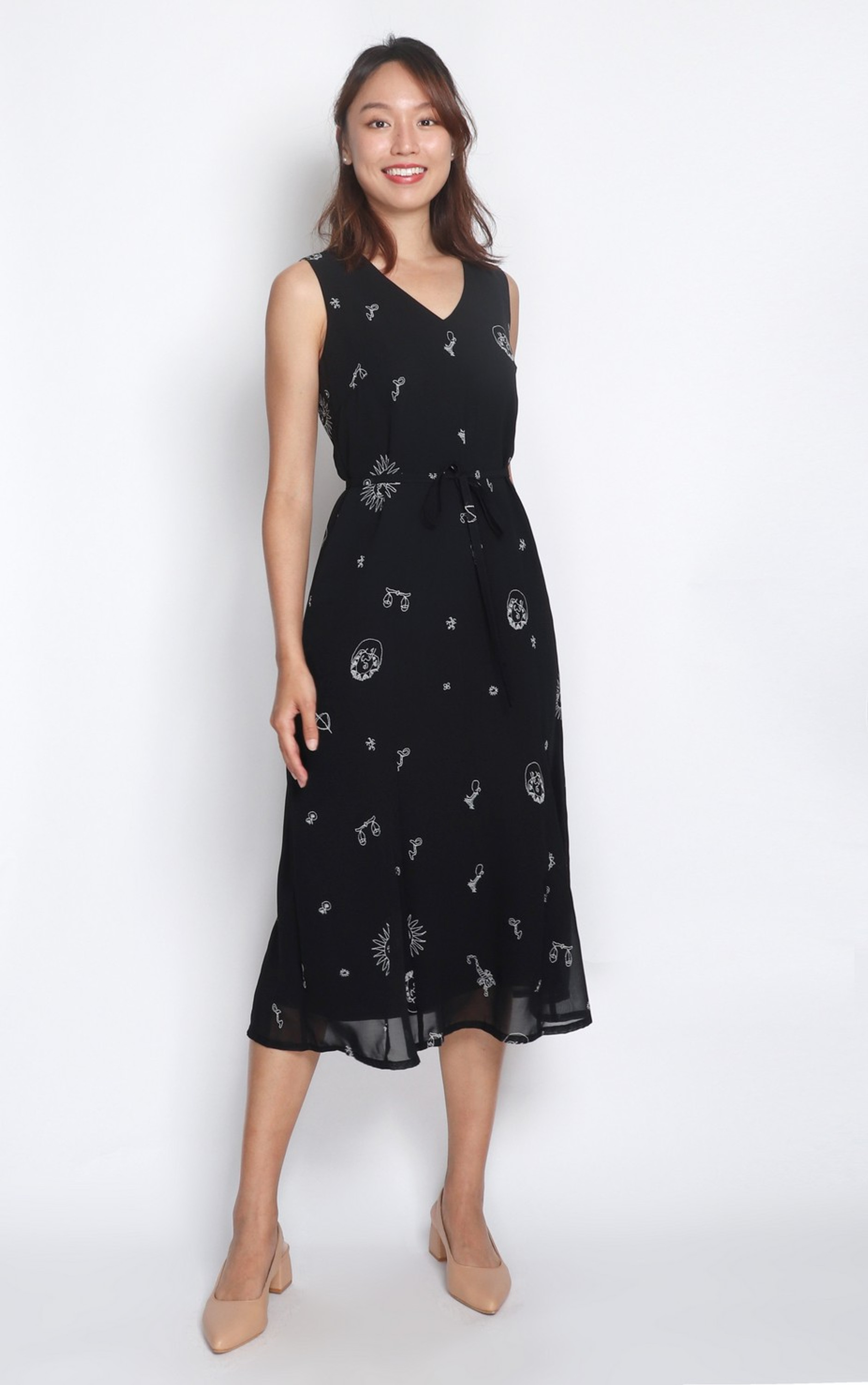 Abstract Print Chiffon Midi Dress - Black