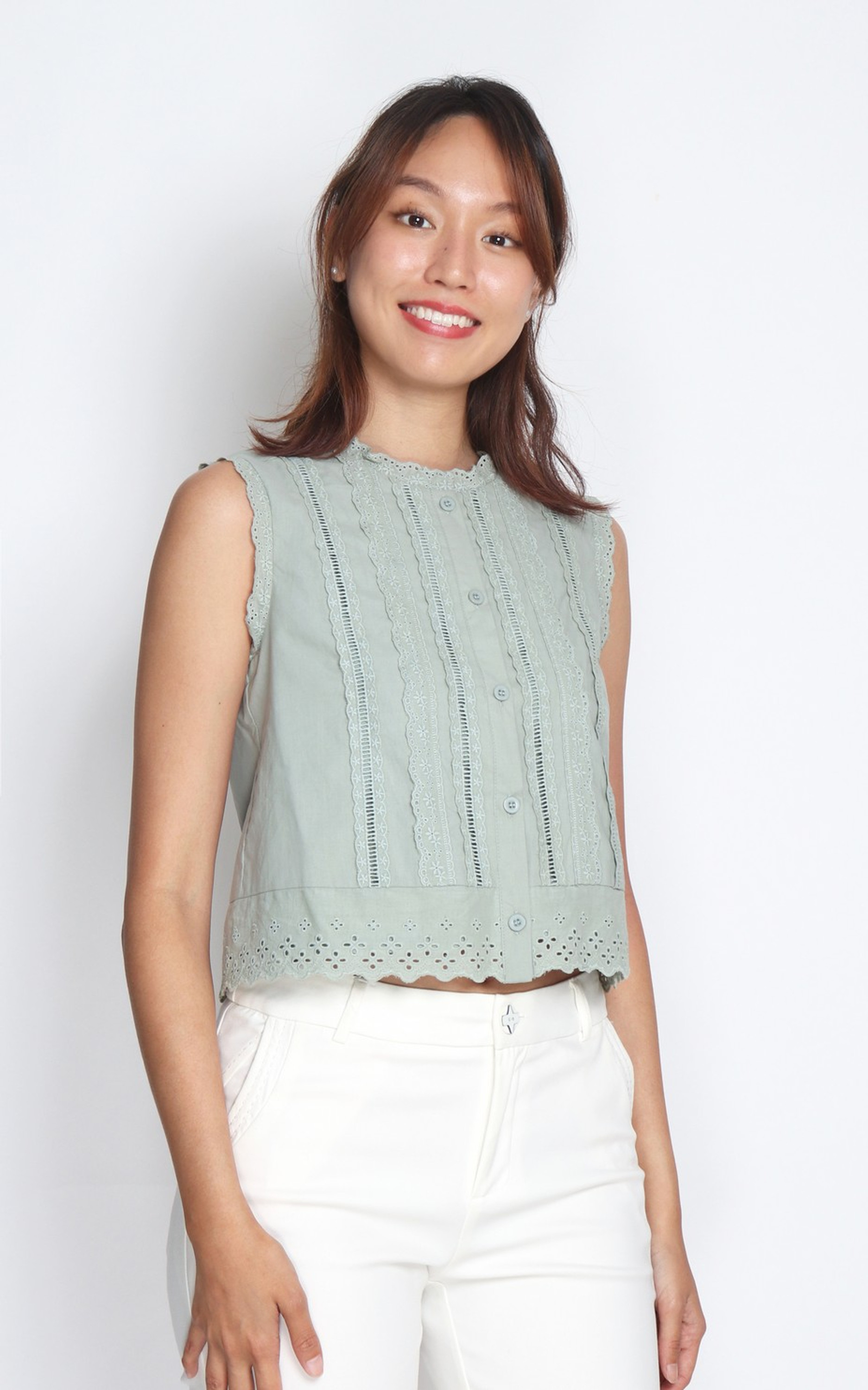 Ladder Trim Top - Sage