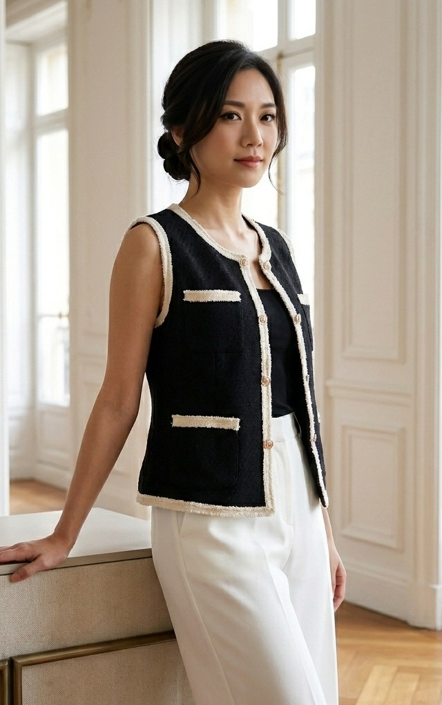 Contrast Trim Tweed Vest Jacket - Black