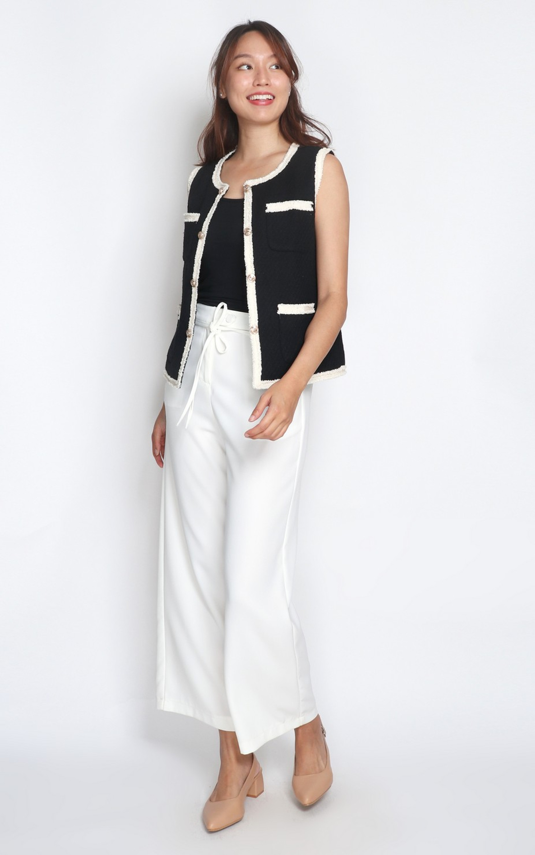 Contrast Trim Tweed Vest Jacket - Black