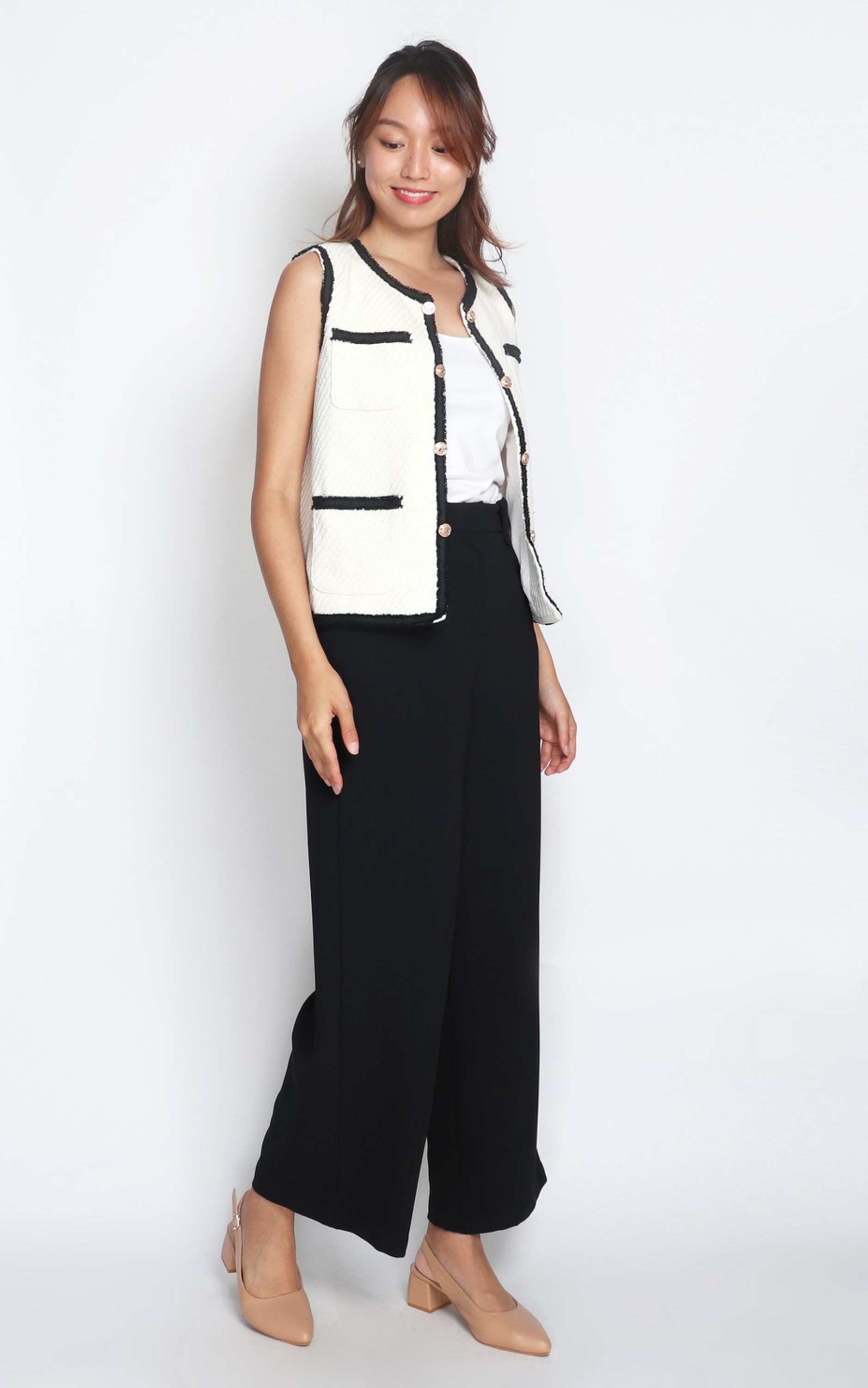 Contrast Trim Tweed Vest Jacket - Milky White