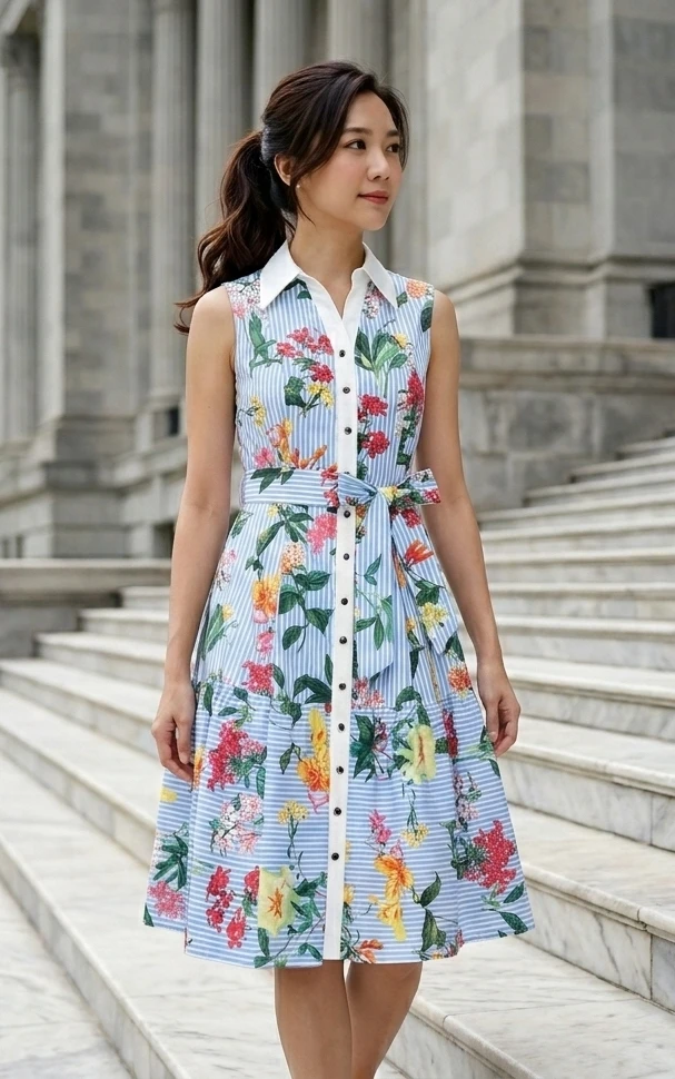 Floral Pinstripe Shirt Dress
