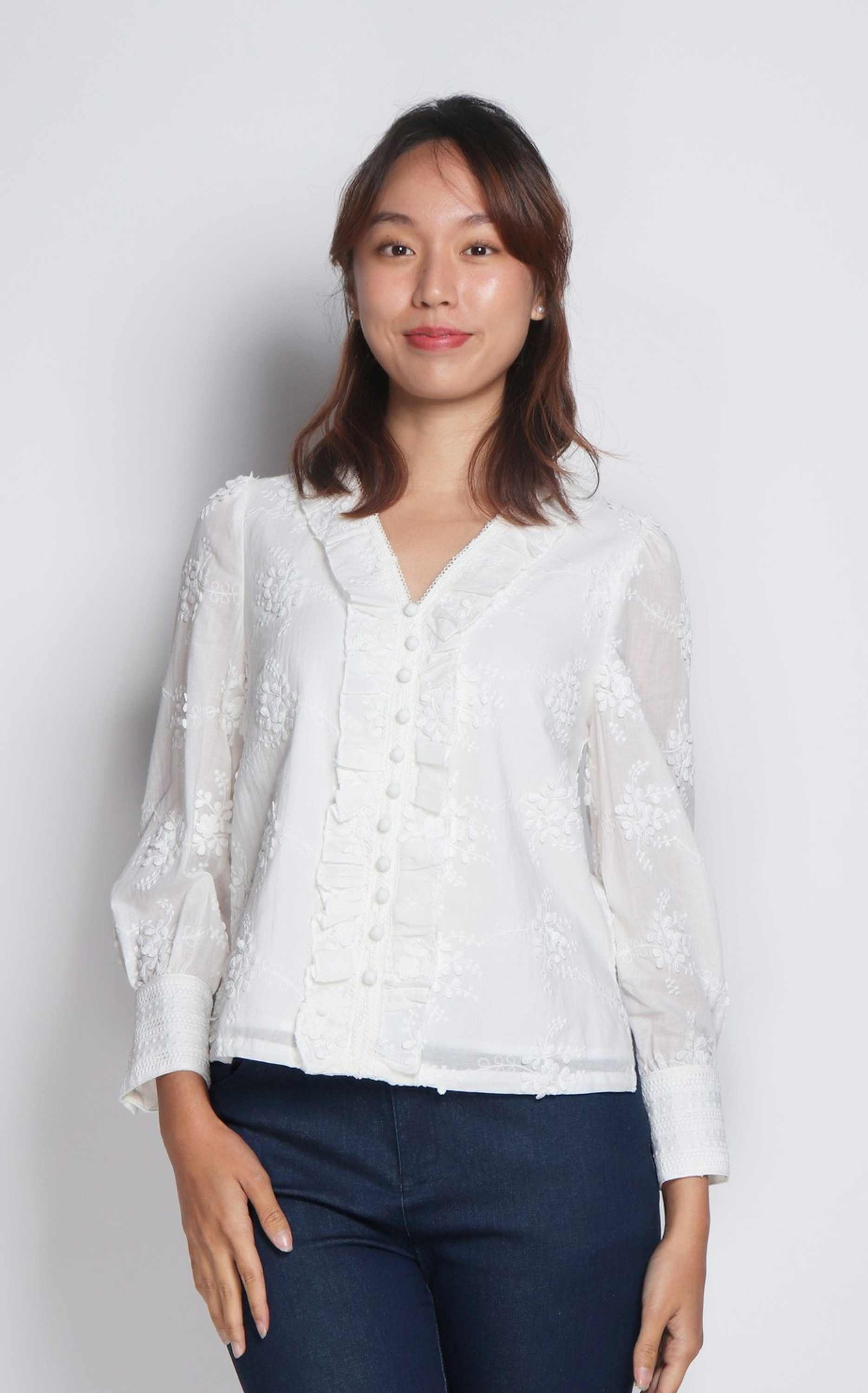 Luna Embroidered Frills Top - White Luna Embroidered Frills Top - White