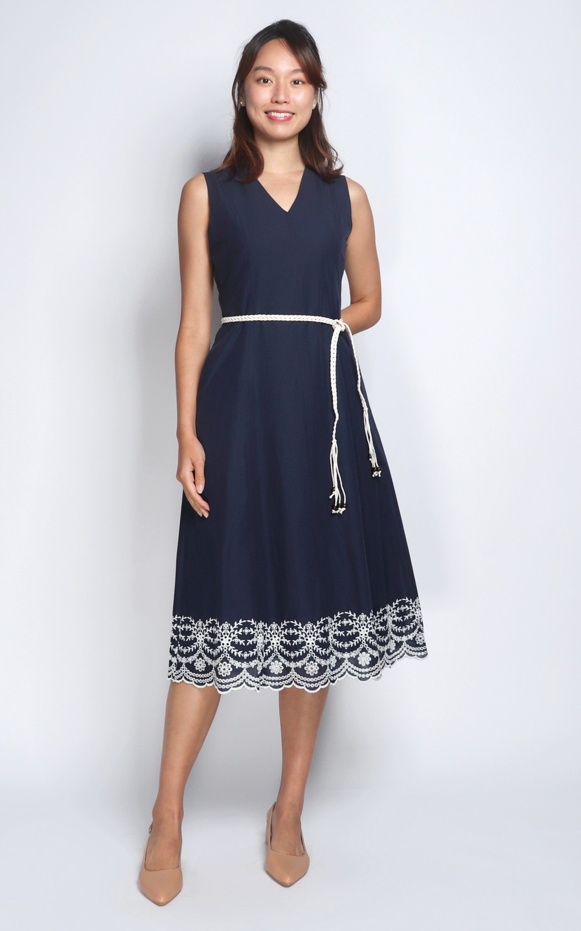 Giselle Embroidered Hem Dress - Navy