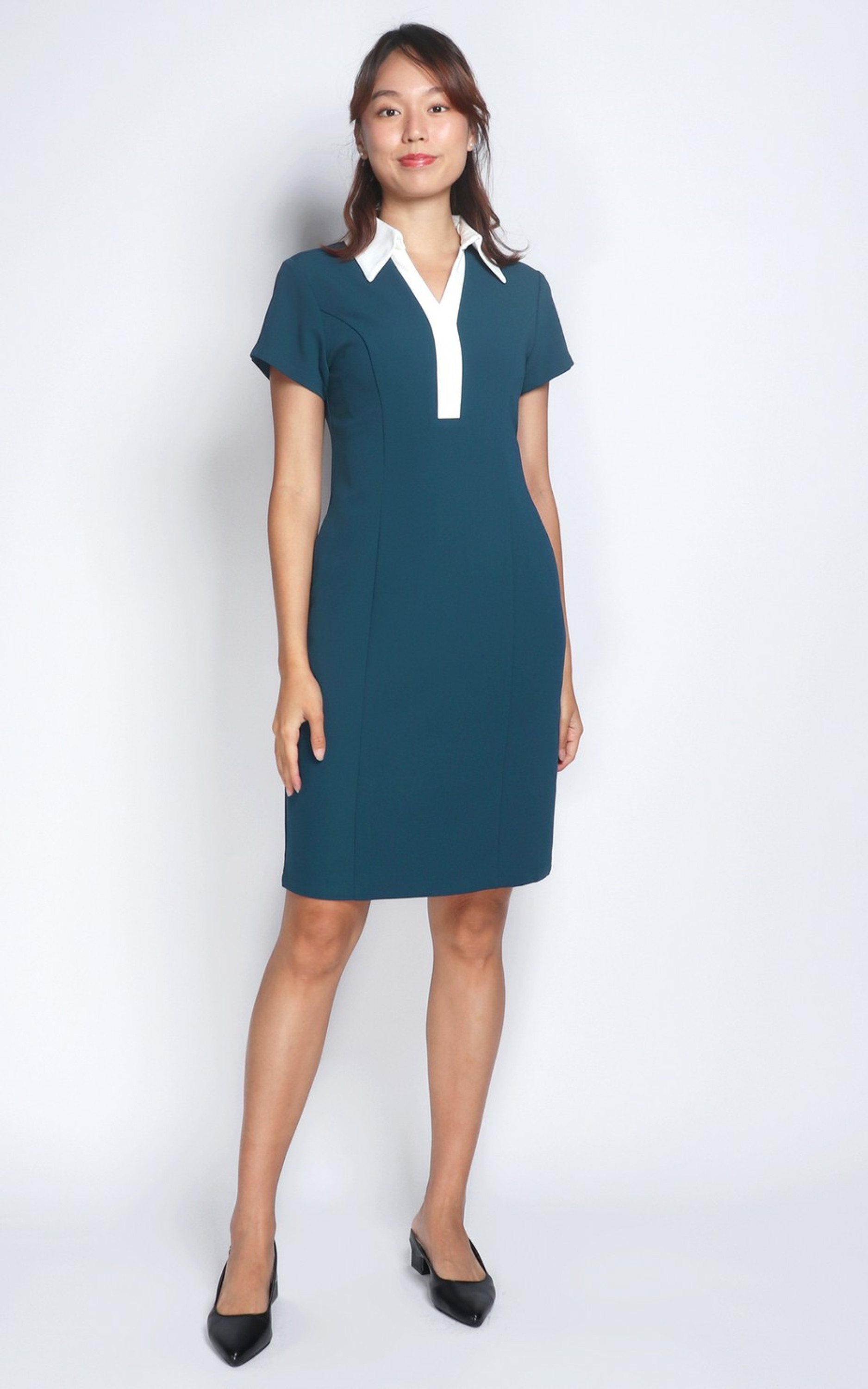Avery Contrast Collar Pencil Dress - Teal