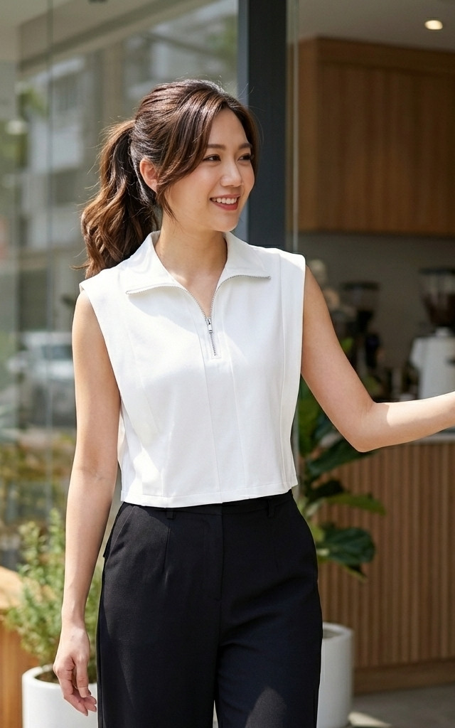 Edith Zipper Collar Top - White