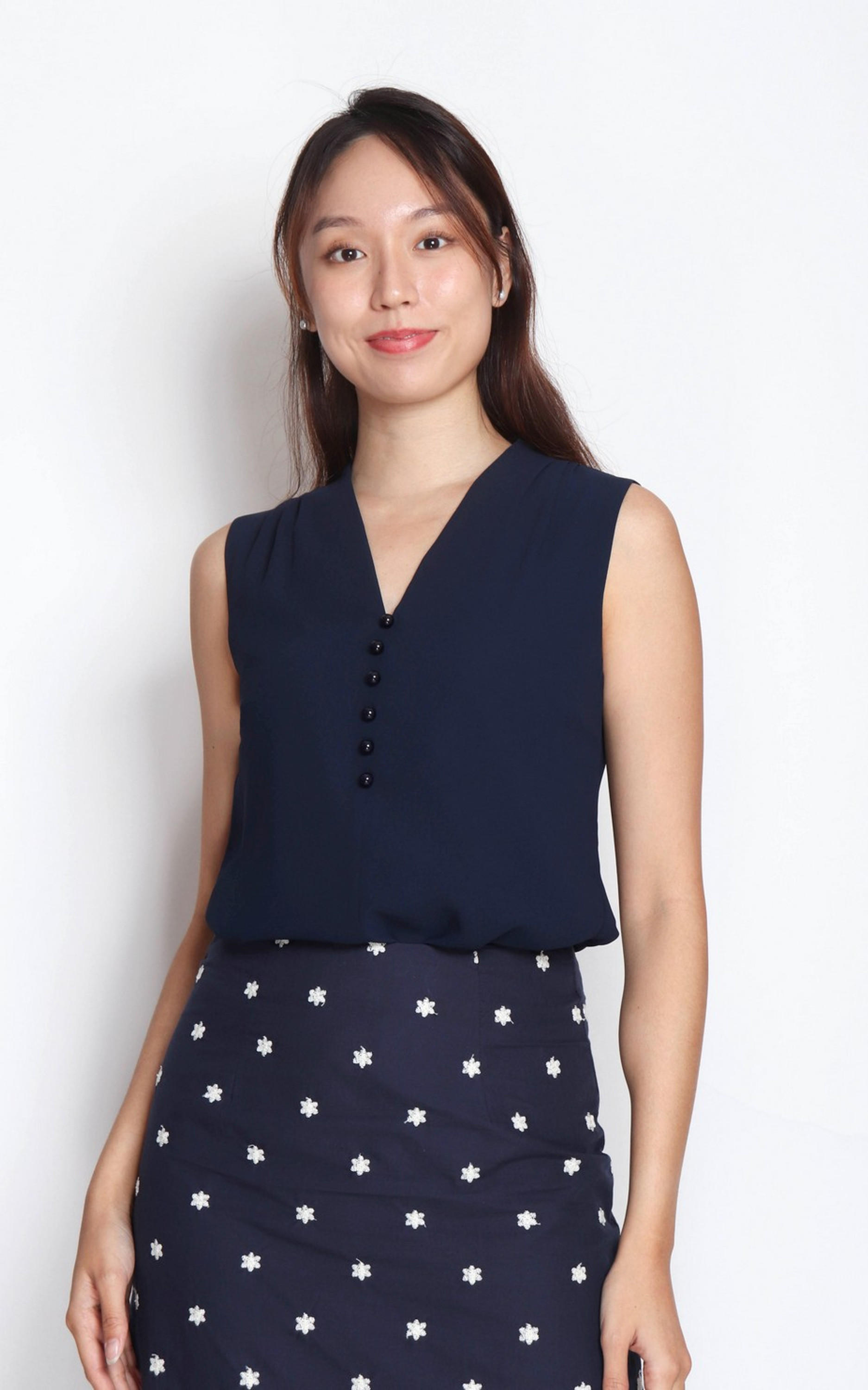 Lyla V-Neck Chiffon Top - Navy