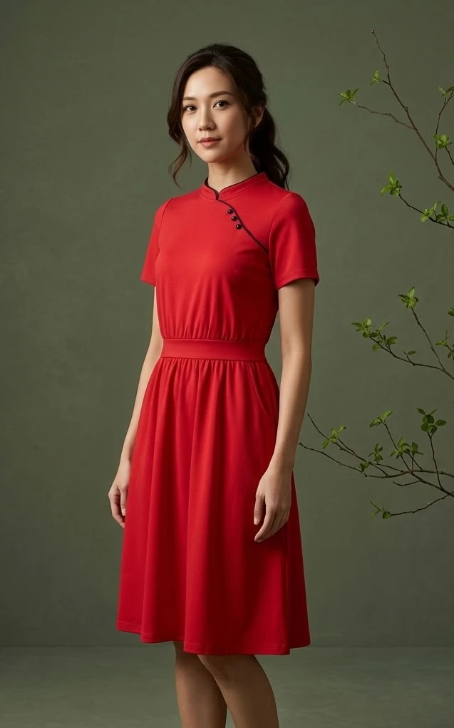 Pingxi Sleeved Cheongsam Dress - Red