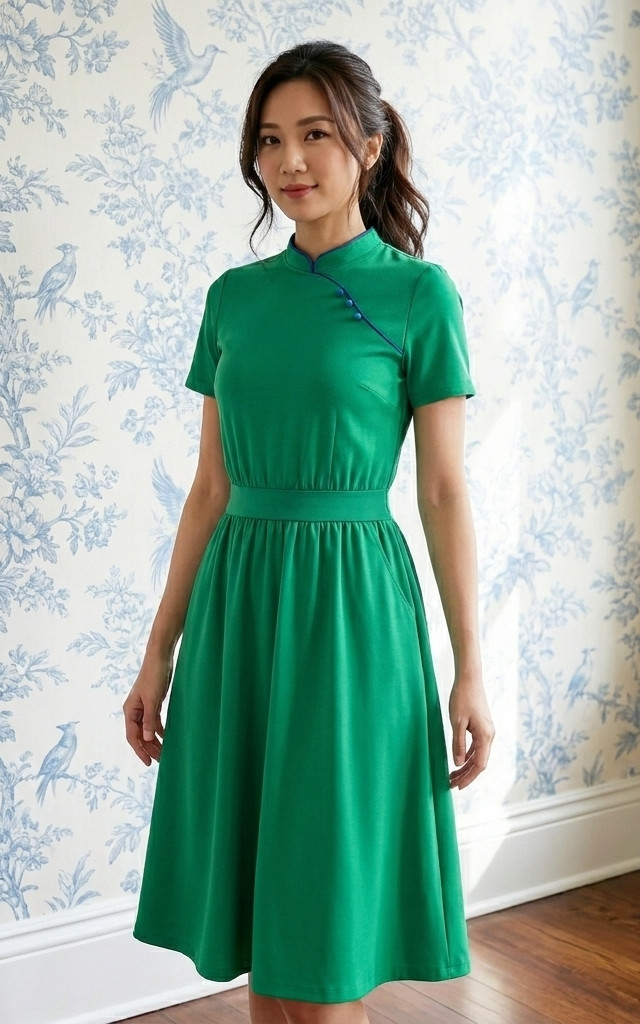 Pingxi Sleeved Cheongsam Dress - Emerald