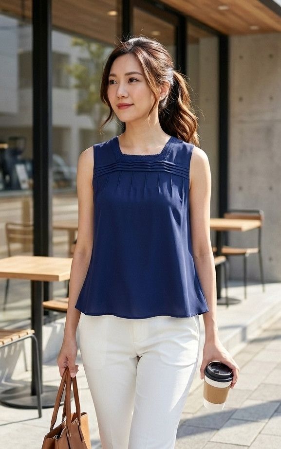 Lorelle Square Neck Chiffon Top - Navy